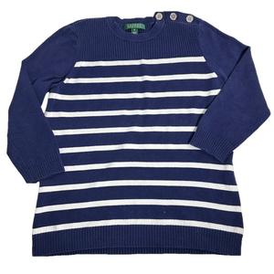 Ralph Lauren Breton Stripe Navy Crewneck Sweater 3/4 Sleeve Size Medium Nautical